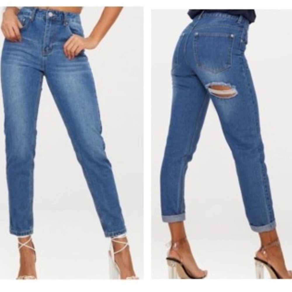 Pretty Little Thing Cheeky Jeans Size 12 Ripped DARK BLUE Bum Mid Wash Skinny